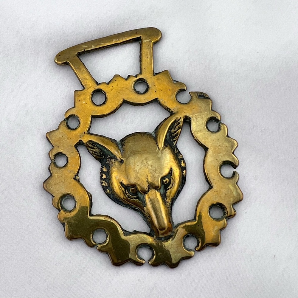 Brass Horse Medallion Vintage English Fox Head Hunt Crown Border Parade Harness